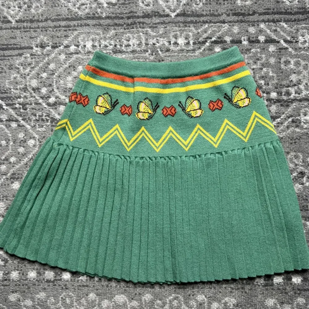 PP Town Butterfly Sweater Knit Pleated Skirt Girls Size 12 Green Yellow Tennis